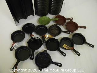 Two Large Fluted Bread Molds and Group of Lodge Mini Cast Iron Skillets, Many New with Original Tags.  