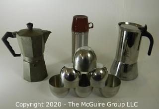 6 Stieff Pewter Jefferson Cups, 2 Moka or Espresso Pots and Vintage Thermos. 