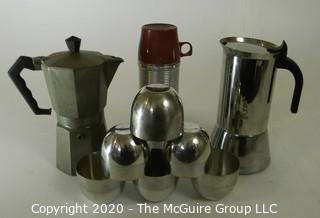 6 Stieff Pewter Jefferson Cups, 2 Moka or Espresso Pots and Vintage Thermos. 