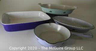 Four Heavy Cooking Pans and Casseroles.  Three Made of Cast Iron Enamel in Holland.