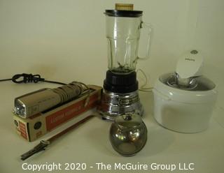 Group of Kitchen Appliances. Includes Electric Knife, Waring Blender with Metal Blades, etc. 