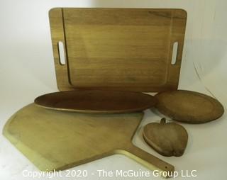 Group of Five Wooden Platters or Trays.  Includes Pizza Paddle, Cutting Board and Serving Tray.