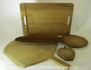 Group of Five Wooden Platters or Trays.  Includes Pizza Paddle, Cutting Board and Serving Tray.