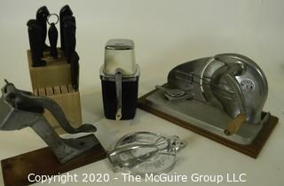 Group of Kitchen Items.  Includes Knife Blocks with Knives, Ice Crusher, Slicer, Tortilla Press, Etc. 