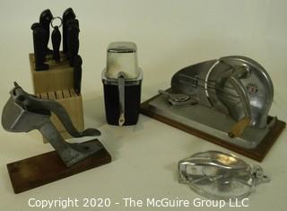 Group of Kitchen Items.  Includes Knife Blocks with Knives, Ice Crusher, Slicer, Tortilla Press, Etc. 