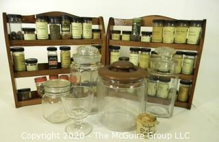 Collection of spices, spice racks and canisters