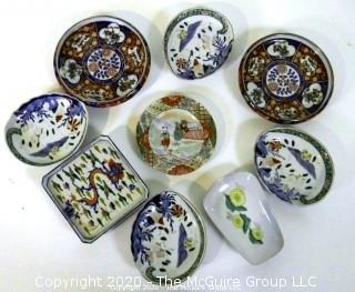 Group of Hand Painted Asian Dishes and Plates. Markings on Backs.