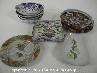 Group of Hand Painted Asian Dishes and Plates. Markings on Backs.