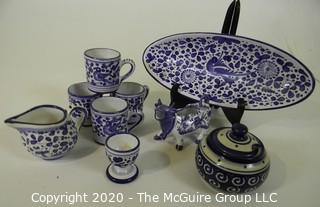 Collection of Blue and White Hand Painted Serving Pieces.