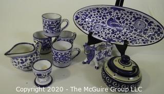 Collection of Blue and White Hand Painted Serving Pieces.