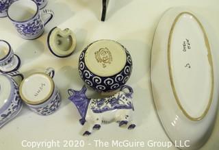 Collection of Blue and White Hand Painted Serving Pieces.