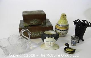 Group of Decorative Items and Asian Wood and Brass Boxes.