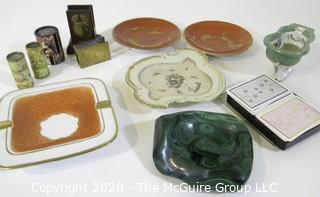 Group of Smoking Items Including Ashtrays and Brass Matchbox covers. Double deck of playing cards. Carved green Malachite stone.  