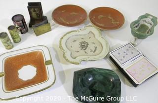 Group of Smoking Items Including Ashtrays and Brass Matchbox covers. Double deck of playing cards. Carved green Malachite stone.  