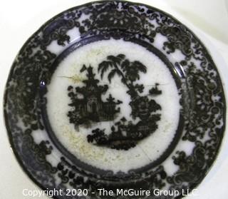 Collection Porcelain Items Including Black and White Transferware Plates and Mortar and Pestle.