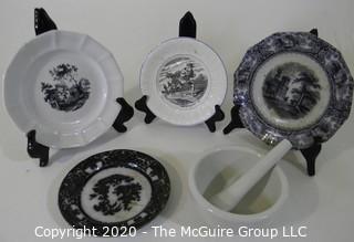 Collection Porcelain Items Including Black and White Transferware Plates and Mortar and Pestle.