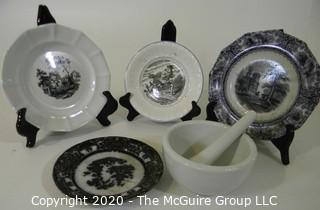 Collection Porcelain Items Including Black and White Transferware Plates and Mortar and Pestle.