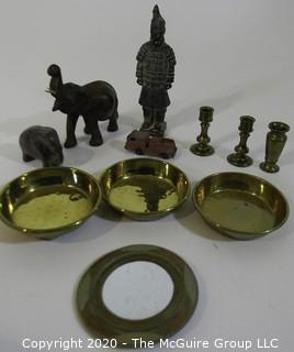 Collection including terra-cotta soldier, assorted brass and several pachyderms