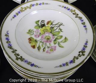 Large Set of Hand Painted Porcelain Dinnerware with Serving Pieces.  Unmarked.