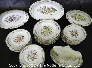 Large Set of Hand Painted Porcelain Dinnerware with Serving Pieces.  Unmarked.