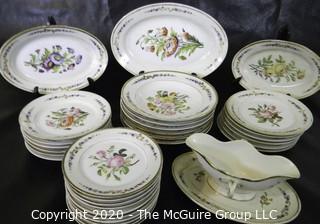 Large Set of Hand Painted Porcelain Dinnerware with Serving Pieces.  Unmarked.