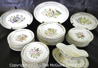 Large Set of Hand Painted Porcelain Dinnerware with Serving Pieces.  Unmarked.