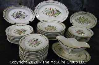 Large Set of Hand Painted Porcelain Dinnerware with Serving Pieces.  Unmarked.