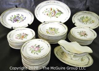 Large Set of Hand Painted Porcelain Dinnerware with Serving Pieces.  Unmarked.