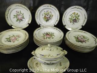 Large Set of Hand Painted Porcelain Dinnerware. Unmarked.