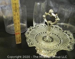 Three Large Glass Decorative Vases and Glass Tidbit Tray.