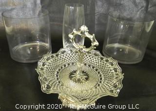 Three Large Glass Decorative Vases and Glass Tidbit Tray.