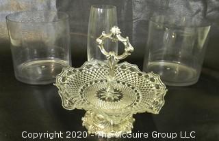 Three Large Glass Decorative Vases and Glass Tidbit Tray.