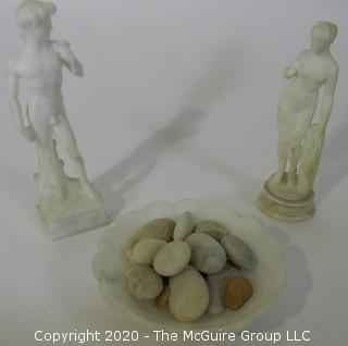 Two Greek Style Statues and Alabaster Marble Bowl with River Stones. 