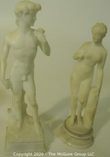 Two Greek Style Statues and Alabaster Marble Bowl with River Stones. 