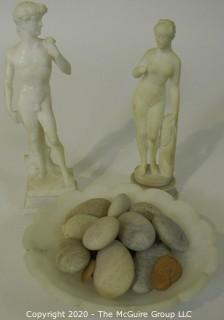 Two Greek Style Statues and Alabaster Marble Bowl with River Stones. 