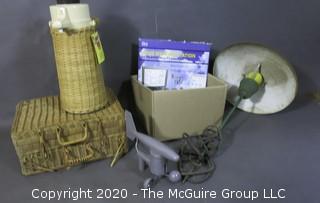 Collection including a weather station kit, an electric garden light, a wicker covered pump thermos and a wicker picnic basket 