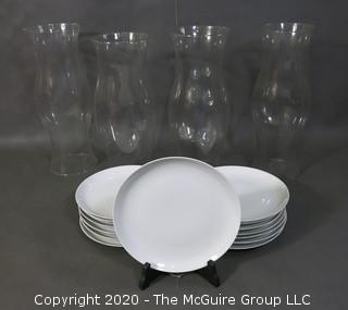 (15) Swedish Upsala Ekeby dinner plates and 4 large hurricane glass shades  