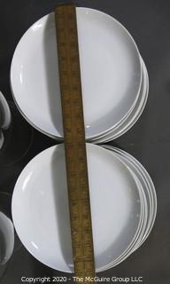 (15) Swedish Upsala Ekeby dinner plates and 4 large hurricane glass shades  