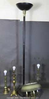 Collection of (5) lamps: 1 chandelier, 3 table lamps without shades and 1 floor lamp