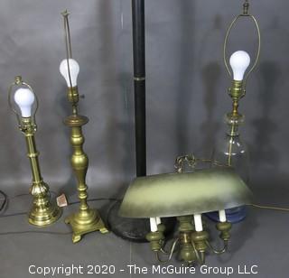 Collection of (5) lamps: 1 chandelier, 3 table lamps without shades and 1 floor lamp