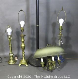 Collection of (5) lamps: 1 chandelier, 3 table lamps without shades and 1 floor lamp