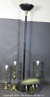 Collection of (5) lamps: 1 chandelier, 3 table lamps without shades and 1 floor lamp