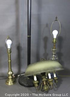 Collection of (5) lamps: 1 chandelier, 3 table lamps without shades and 1 floor lamp