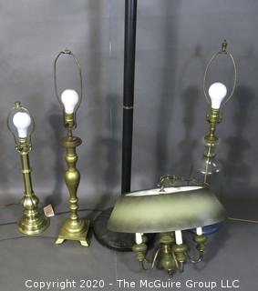 Collection of (5) lamps: 1 chandelier, 3 table lamps without shades and 1 floor lamp