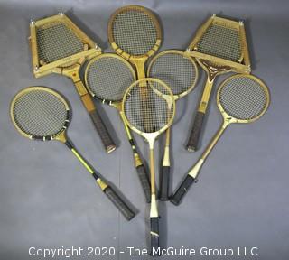 (3) Wooden Tennis Raquets and (5) Badminton Raquets with Shuttlecocks