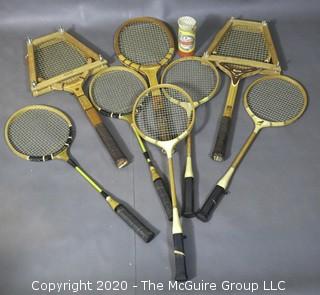 (3) Wooden Tennis Raquets and (5) Badminton Raquets with Shuttlecocks