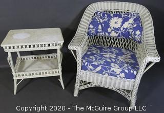 Antique White Painted Wicker Wing Back Armchair and Matching Side Table with Blue Cushions.  