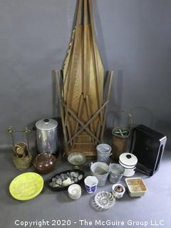 Eclectic collection including wooden ironing board, galvanized pails, enamel double boiler and coffee percolator 