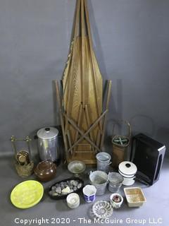 Eclectic collection including wooden ironing board, galvanized pails, enamel double boiler and coffee percolator 