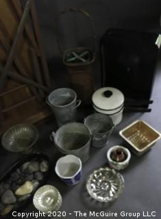 Eclectic collection including wooden ironing board, galvanized pails, enamel double boiler and coffee percolator 